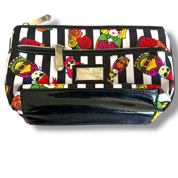 Betsy Johnson Cosmetic Pouch Bag Black Stripe Nesting Doll Print Medium Zip Top - Picture 10 of 12